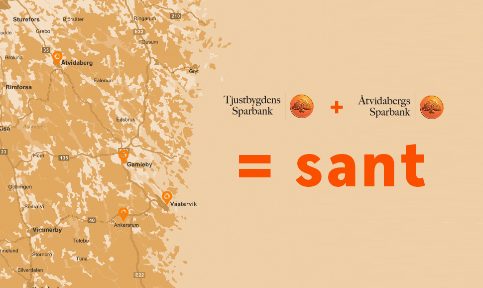 Tjustbygdens Sparbank + Åtvidabergs Sparbank = Sant. Karta över nya bankens område. Kontor utmarkerade i Västervik, Åtvidaberg, Gamleby och Ankarsrum